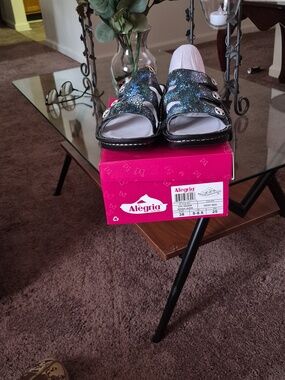 Alegria Glitter Three-Strap Slide Sandals - Blue and Green